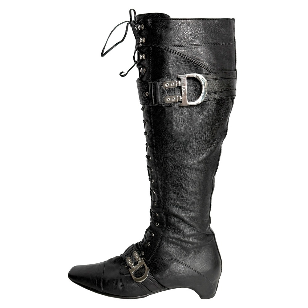 Dior Galliano 2005 Runway Boots Black Leather Lace Up D Buckle 40